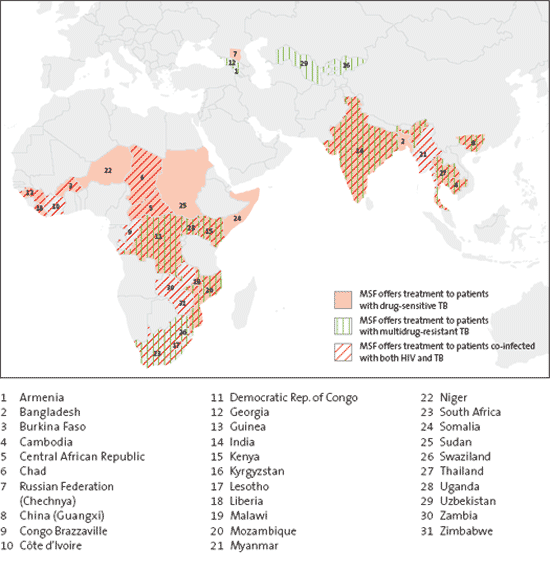 Map of where MSF offers treatment to patients TB