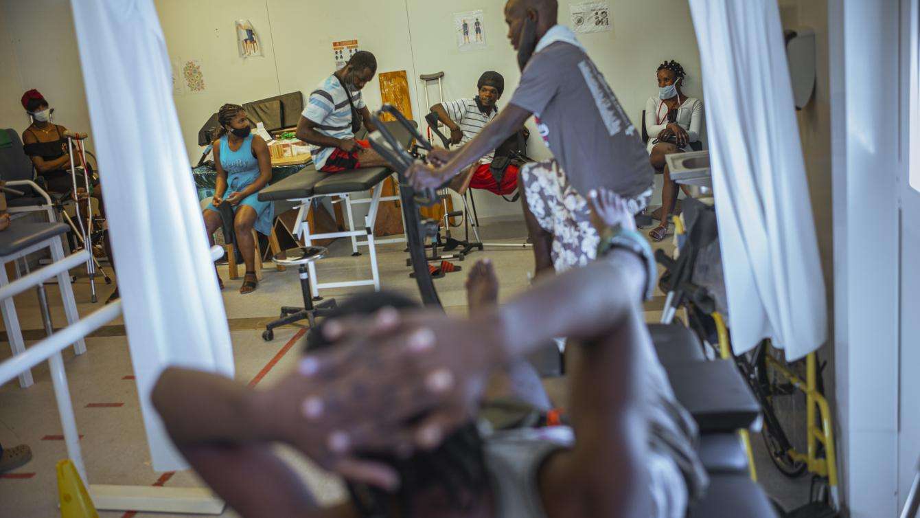 Patients do physiotherapy exercises as part of the rehabilitation process.