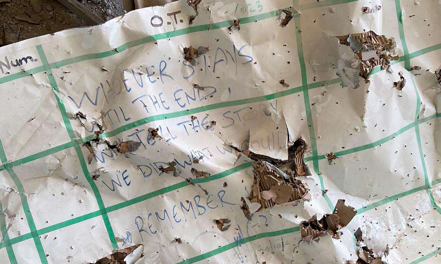 Remains of a whiteboard destroyed in a strike on Al-Awda Hospital in Gaza.