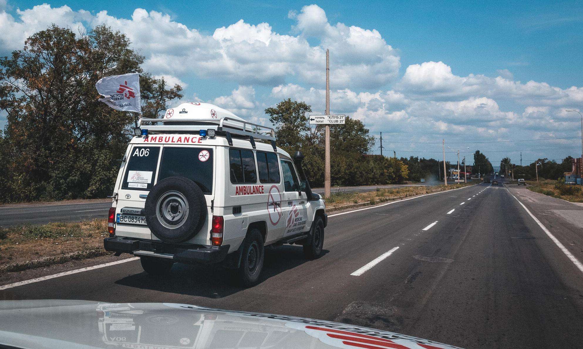 MSF ambulance with a patient in Donetsk region