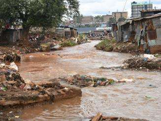 Flooded banks of Mathare river in Kenya. 