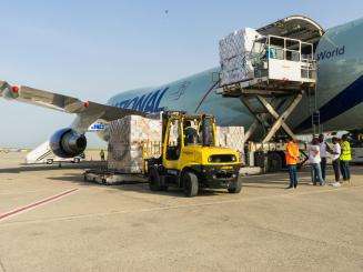 80 tons of medical equipment and supplies arrive by plane in Port-au-Prince, Haiti.