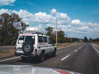 MSF ambulance with a patient in Donetsk region