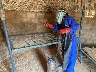 A person sprays pesticide inside a house in Niger. 