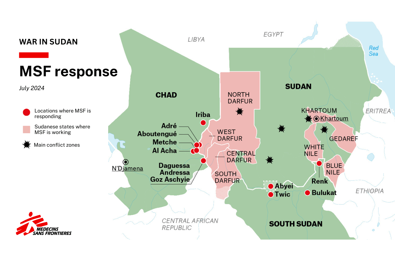 Map of MSF response in Sudan as of July 2024.