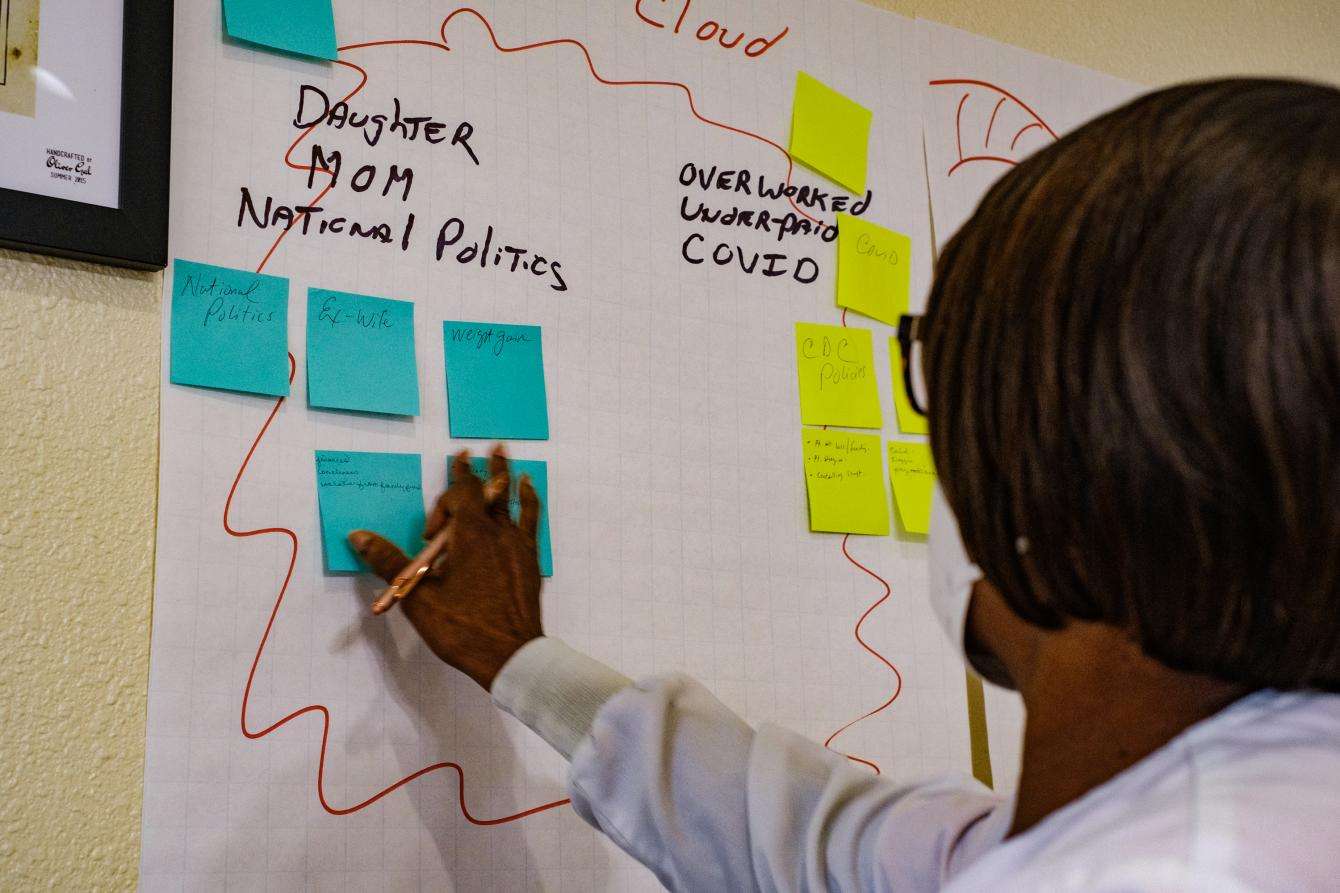 A staff member at Focused Care at Beechnut, a long-term nursing care facility in Houston, Texas, participates in a training session on mental health and wellness support for nursing home staff.