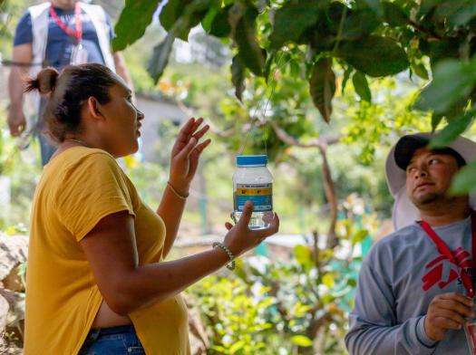 A woman is holding a jar of mosquitos outside, surrounded by trees, speaking to someone who works for MSF.