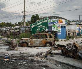 Destruction caused by clashes between armed groups and police in the Carrefour neighborhood in the suburbs of Port-au-Prince, Haiti.