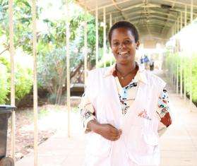 Health promotion officer Teka in front of Abiy Adi Hospital in Ethiopia. 