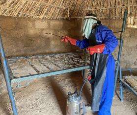 A person sprays pesticide inside a house in Niger. 